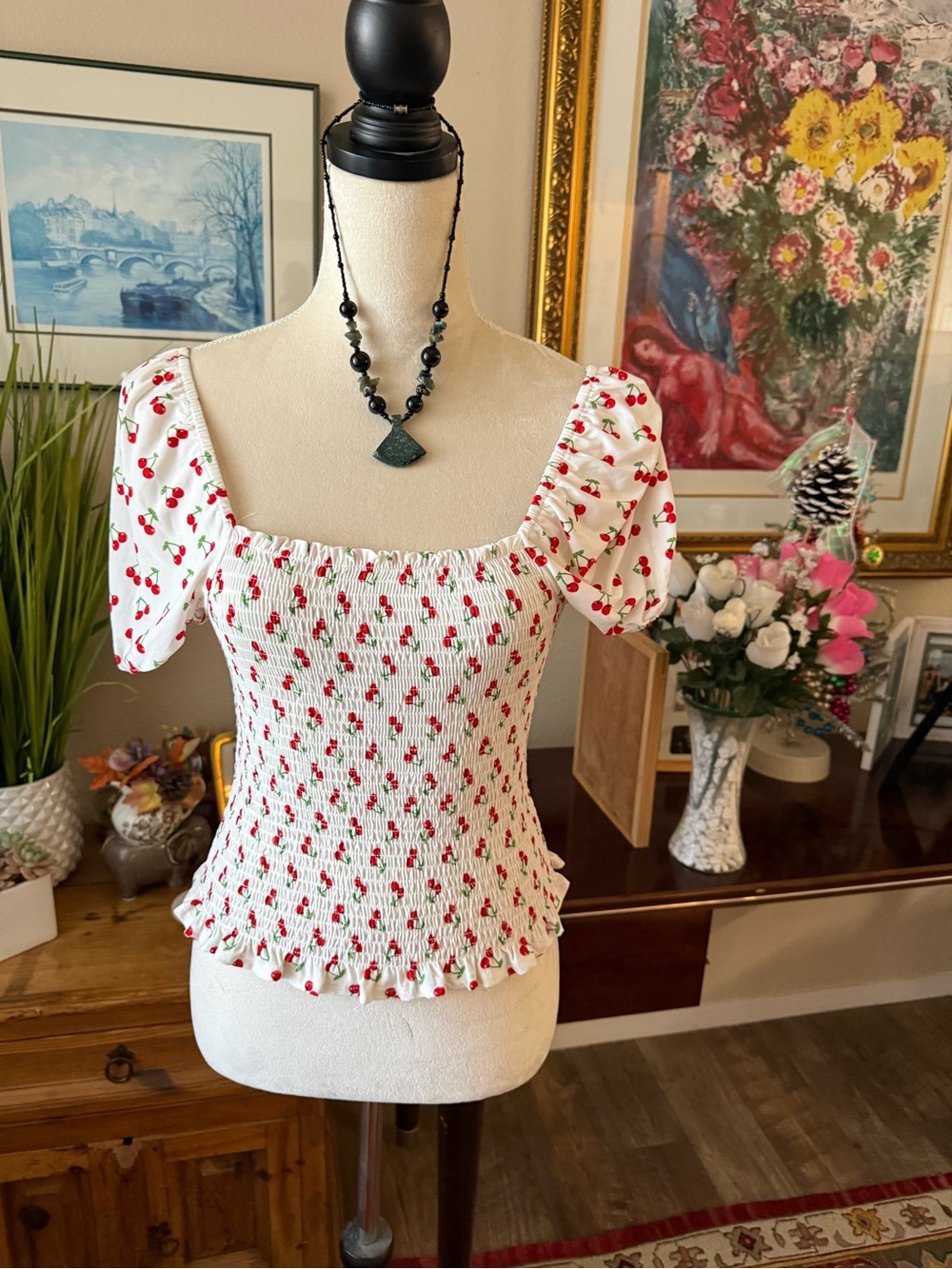 Soho Girls White Smocked Cherry-Print Puff Sleeve Crop Top